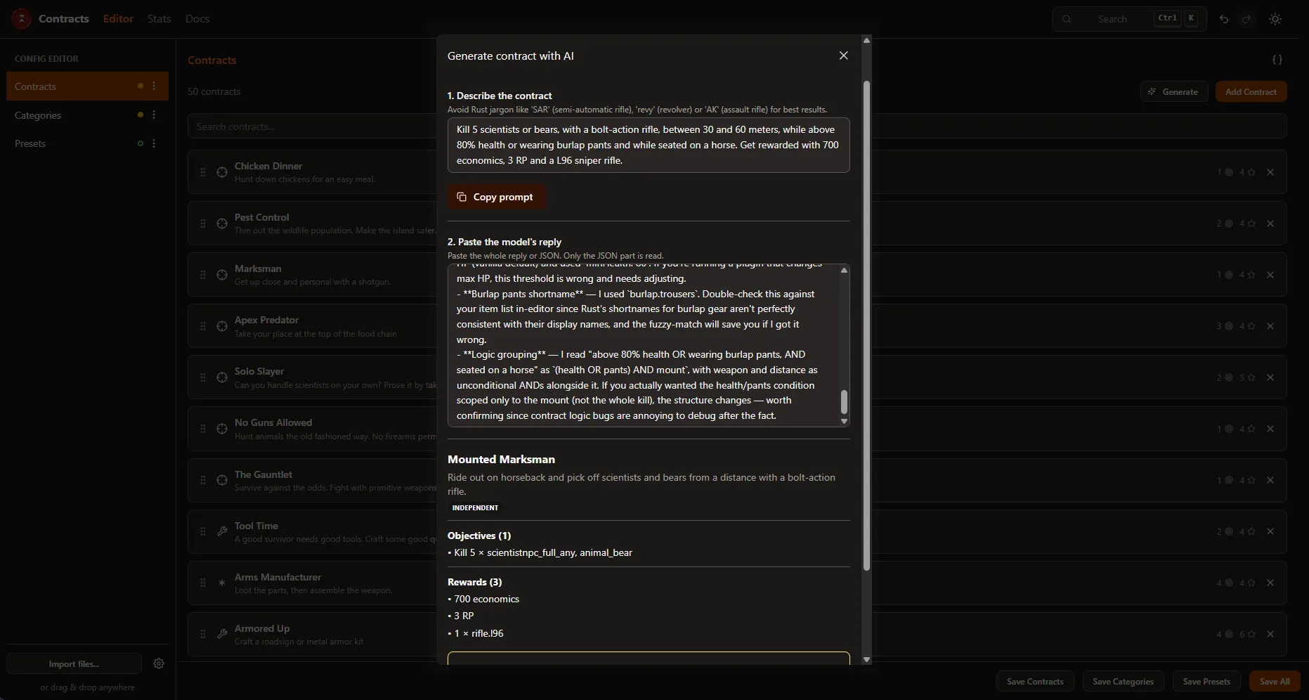 The AI generation panel in the web editor turning a prompt into a contract.