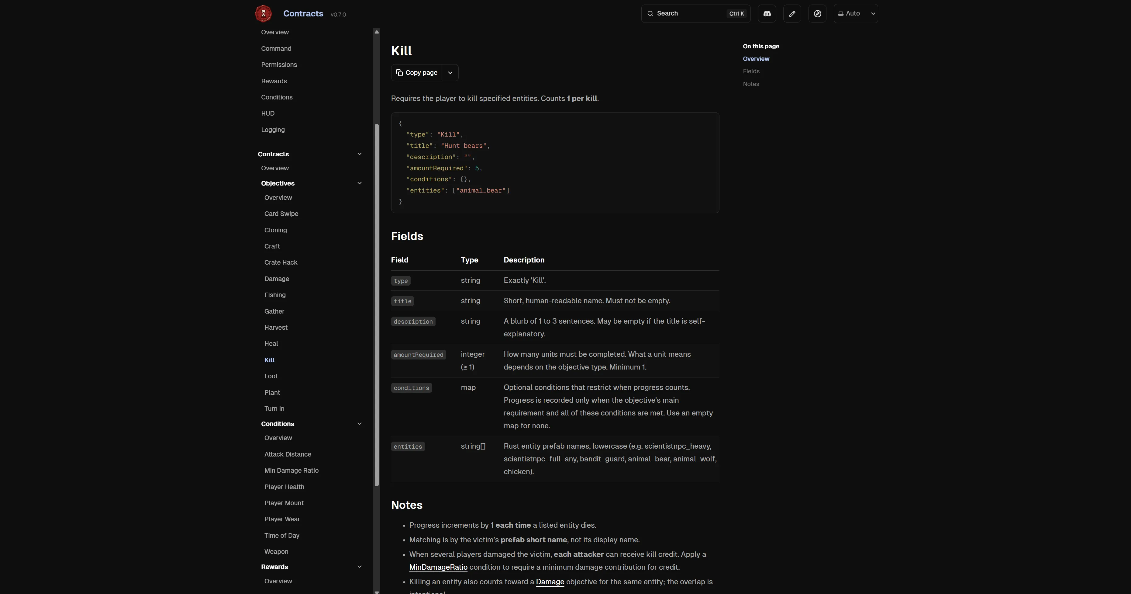 The Contracts documentation site with its sidebar and a configuration reference page.