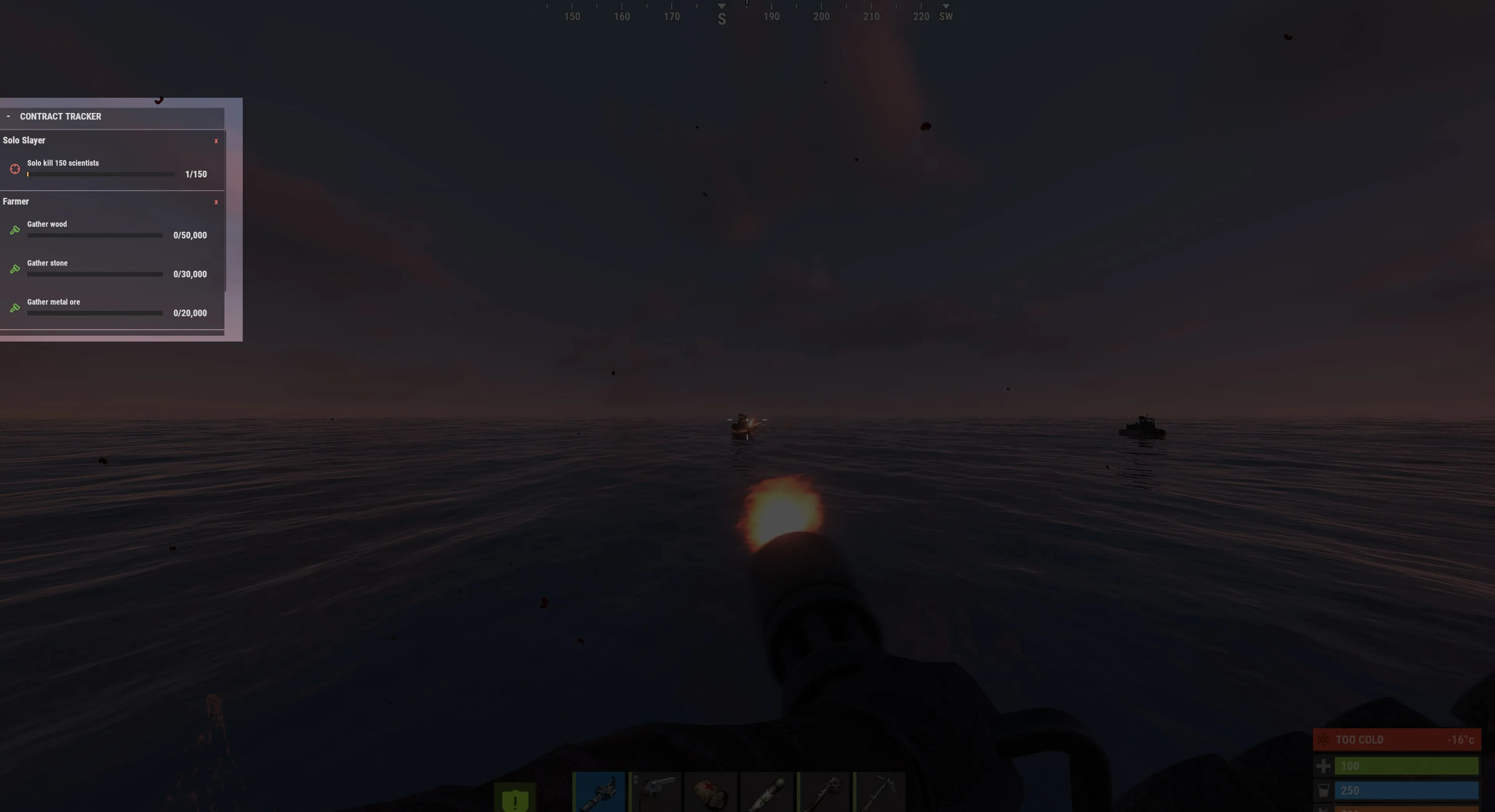 An in-game heads-up display showing a pinned contract and its current objective progress.