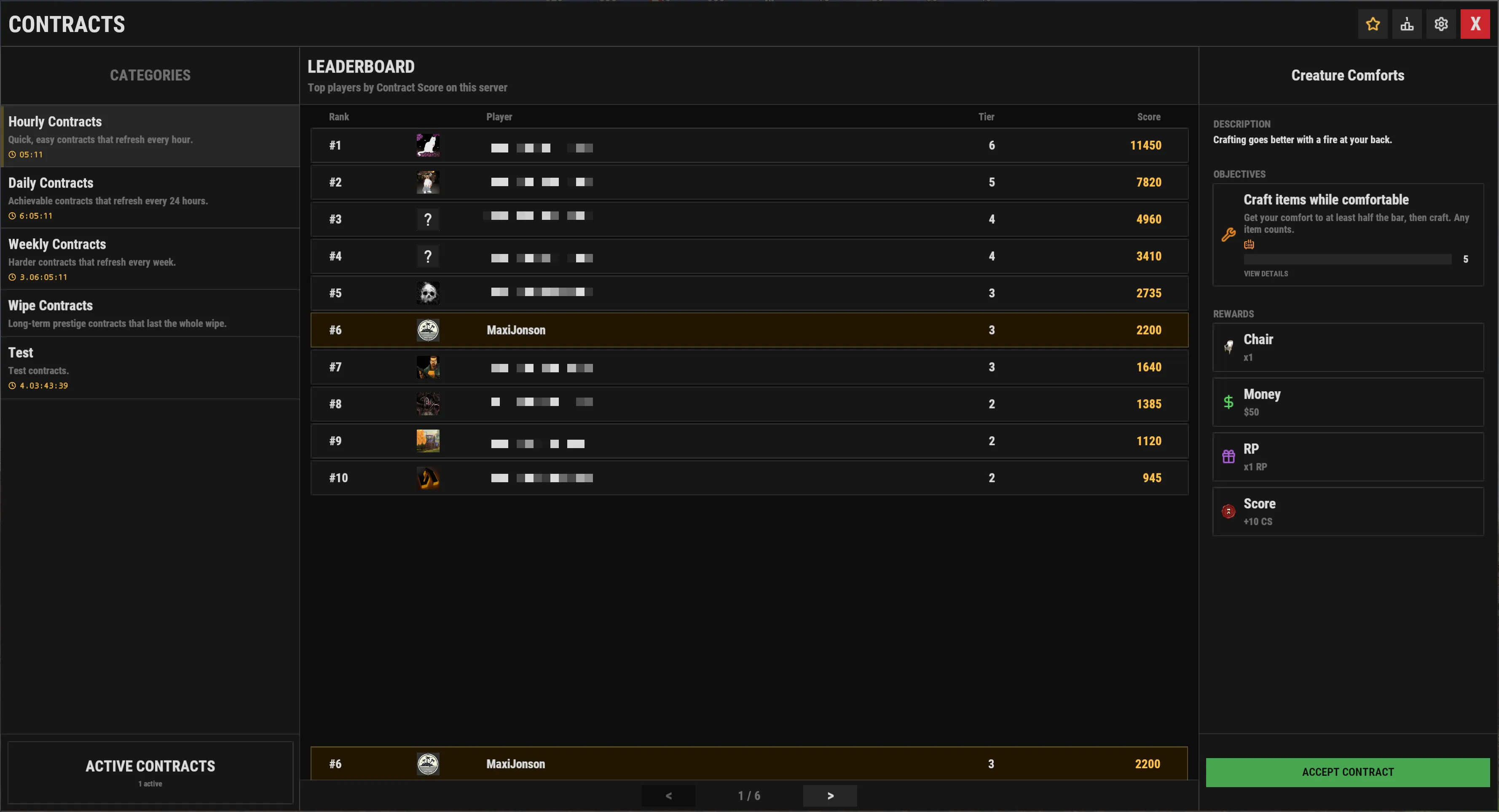 The in-game leaderboard ranking players by Contract Score, with the viewer's own rank pinned at the bottom.
