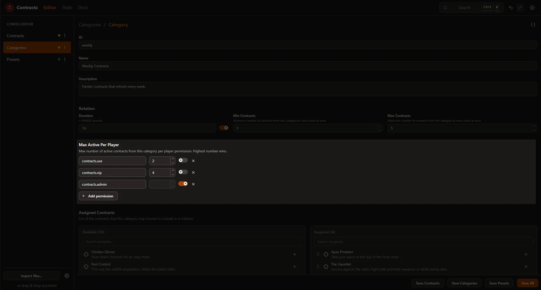 Per-permission limits for active contracts and HUD pins.