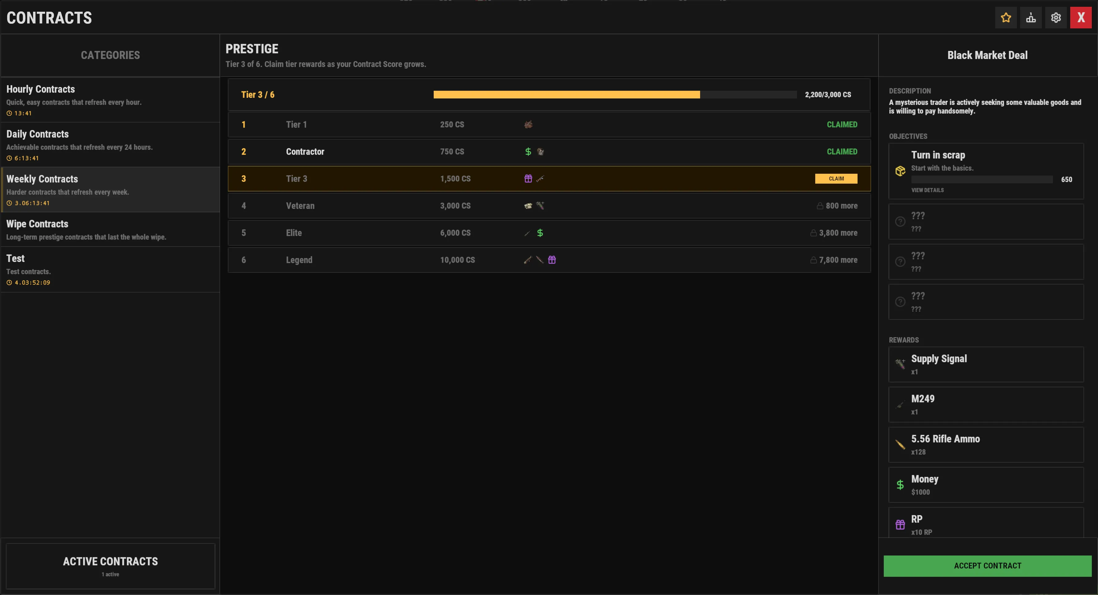 The in-game prestige view listing each tier with its Contract Score threshold, its rewards, and whether it is claimed.