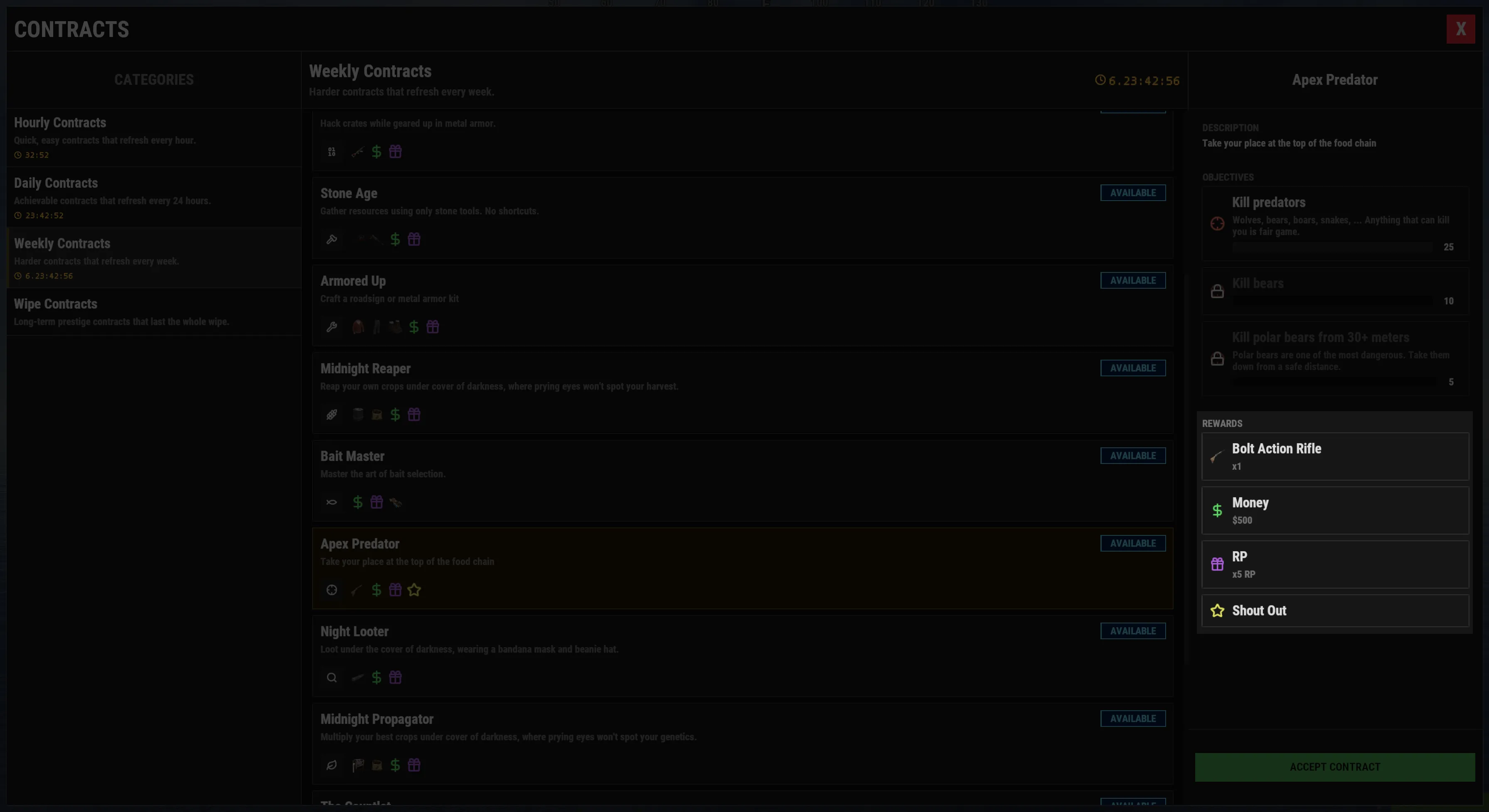 A contract's reward panel showing items and currency granted on completion.