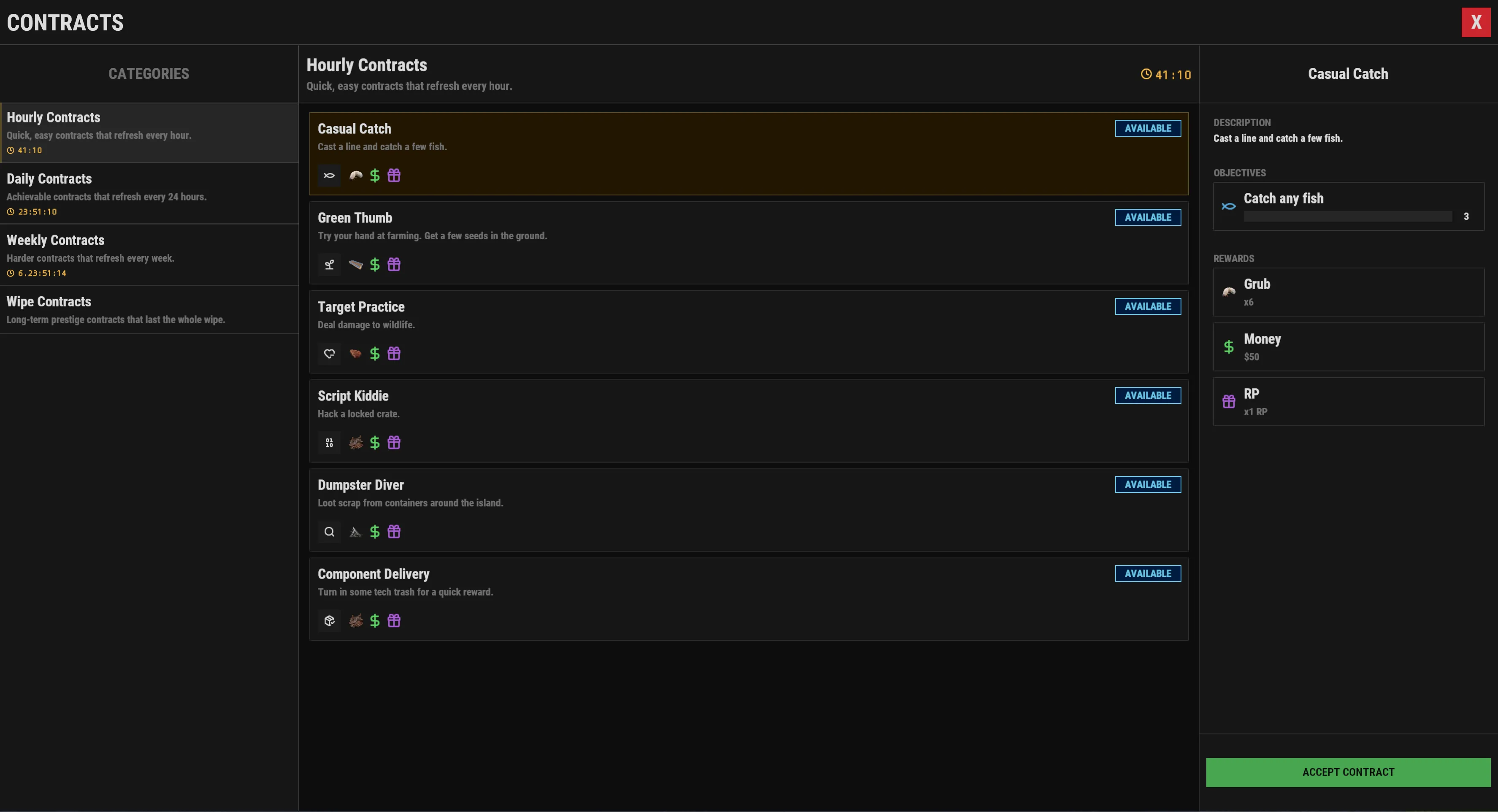 The in-game Contracts menu listing available contracts with objectives and rewards.