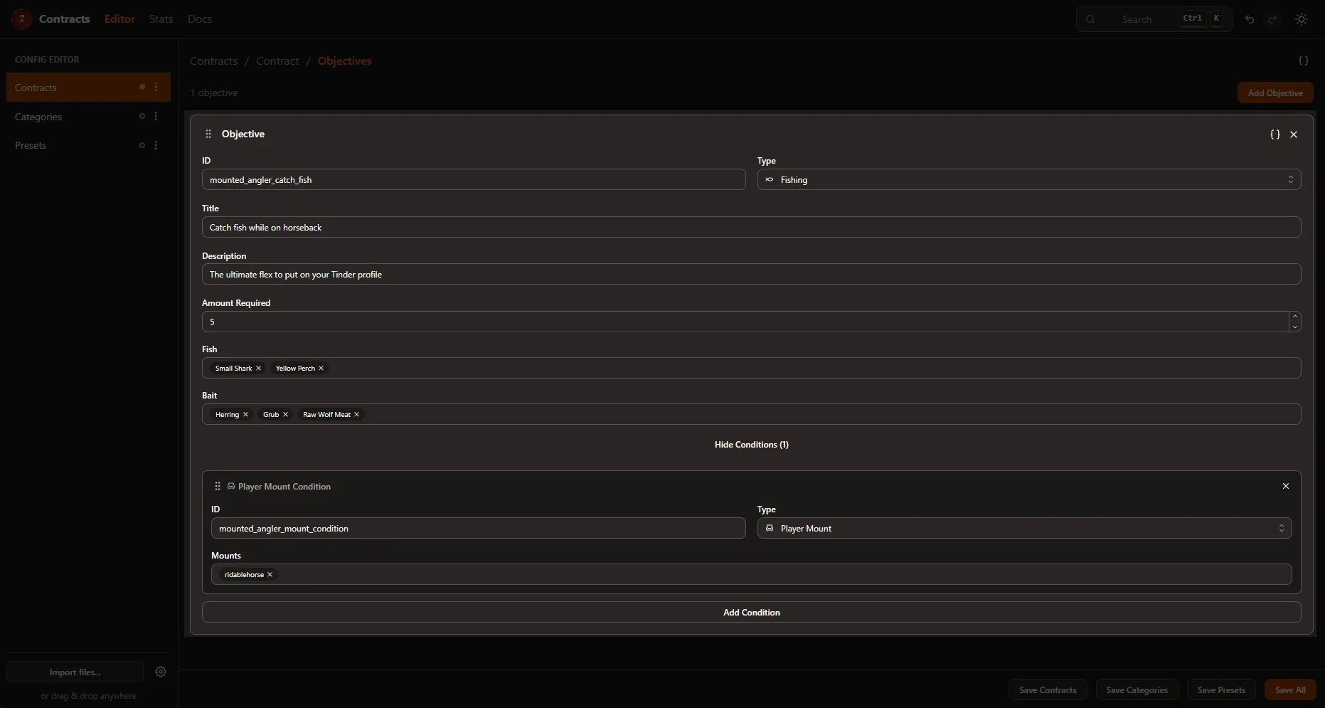 Editing a single contract in the web editor, with objectives and rewards expanded.