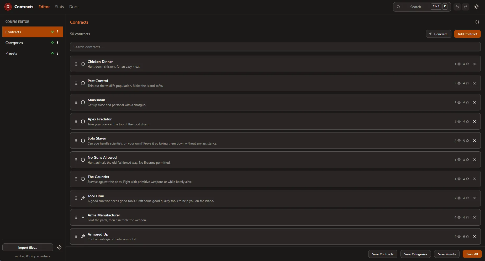 The Contracts web editor listing contracts, categories, and presets for editing.